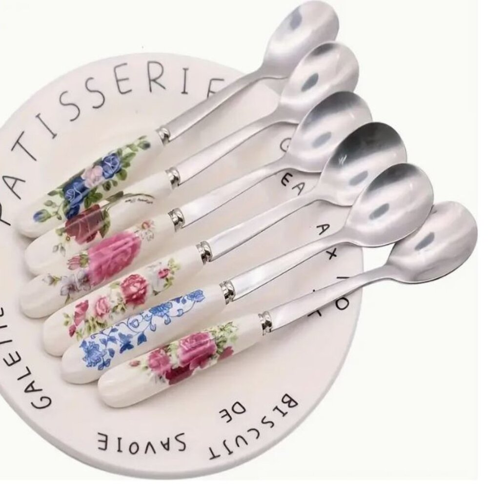NEW Set of 6 Victorian Floral Porcelain Coffee Spoons Iced Tea Dessert